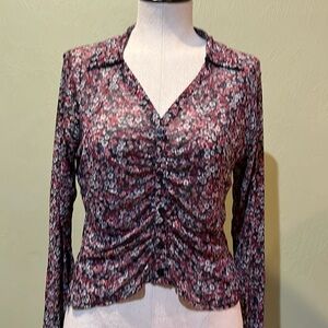 Maroon mob and gray floral print long sleeve shirt